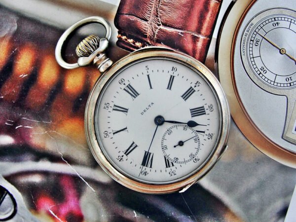Delta silver pocket watch in a very nice case with a porcelain dial. - Image 4