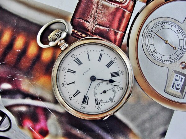 Delta silver pocket watch in a very nice case with a porcelain dial. - Image 10