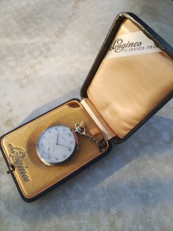 Very nice silver Longines pocket watch with box and silver chain from the early - Image 4